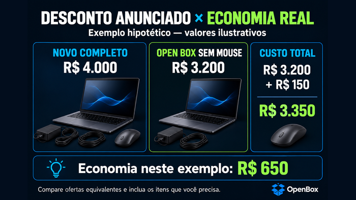 Open Box vem com todos os acessórios? Veja o que conferir 3 Exemplo hipotético: produto de R$ 3.200 mais acessório de R$ 150, total de R$ 3.350 e economia de R$ 650.