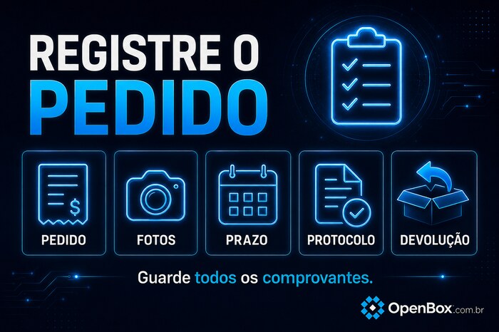 Checklist visual dos registros necessários ao solicitar a devolução de um produto Open Box